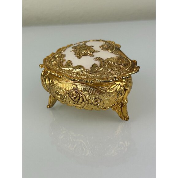 Gold & White Heart Metal Trinket Box Hinged Made in Japan Rose Floral VTG READ - Picture 7 of 16